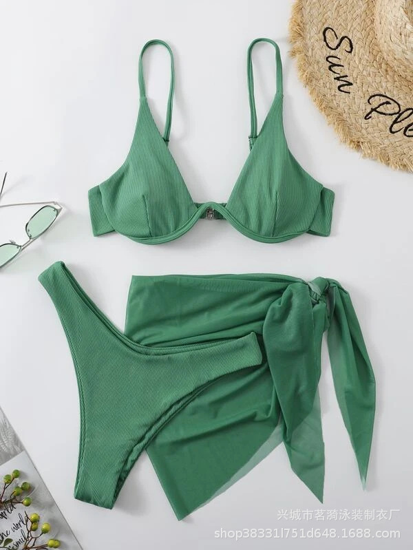 Mingyi nuevo color sólido pequeño hoyo falda de malla europea y americana sexy bikini dividida de tres piezas traje de baño de las mujeres