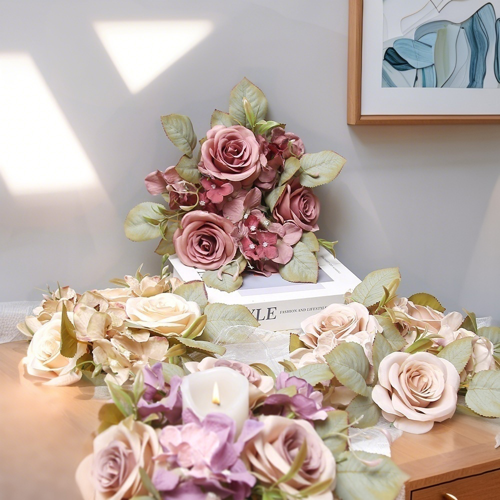 Artificial Flower Rose Wreath Hydrangea Candlestick Wreath Small Fresh Ins Wedding Home Photography Living Room Decoration Fake Flower