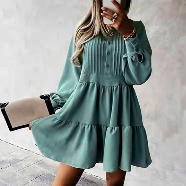 Elegant Stripe Solid Color Round Neck Long Sleeve Patchwork Button Polyester Dresses Knee-length Tiered Skirt display picture 4