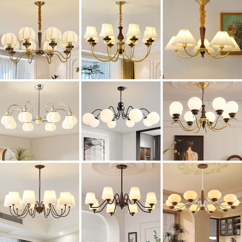 Zhongshan Lamps Wooden Antique Style Chandelier Retro Lamp Retro Nordic French Living Room Headlight Restaurant Wabi-Sabi Style Lamp