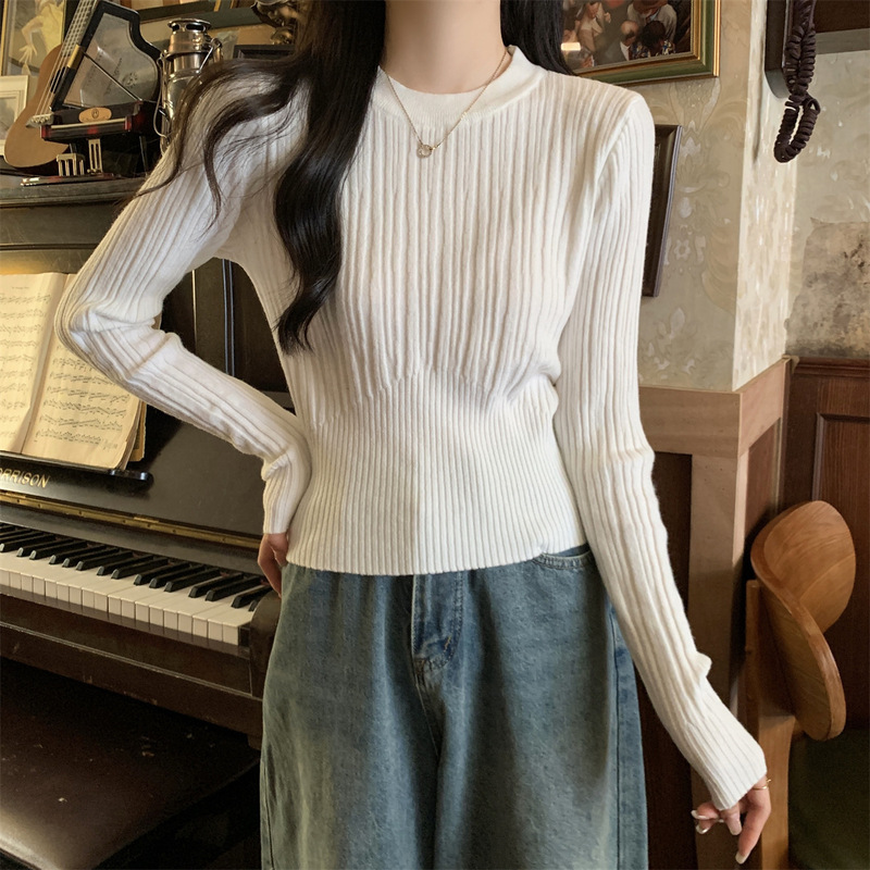 2025春秋冬季设计感坑条修身短款毛衣女内搭上衣安迪绒打底针织衫|undefined