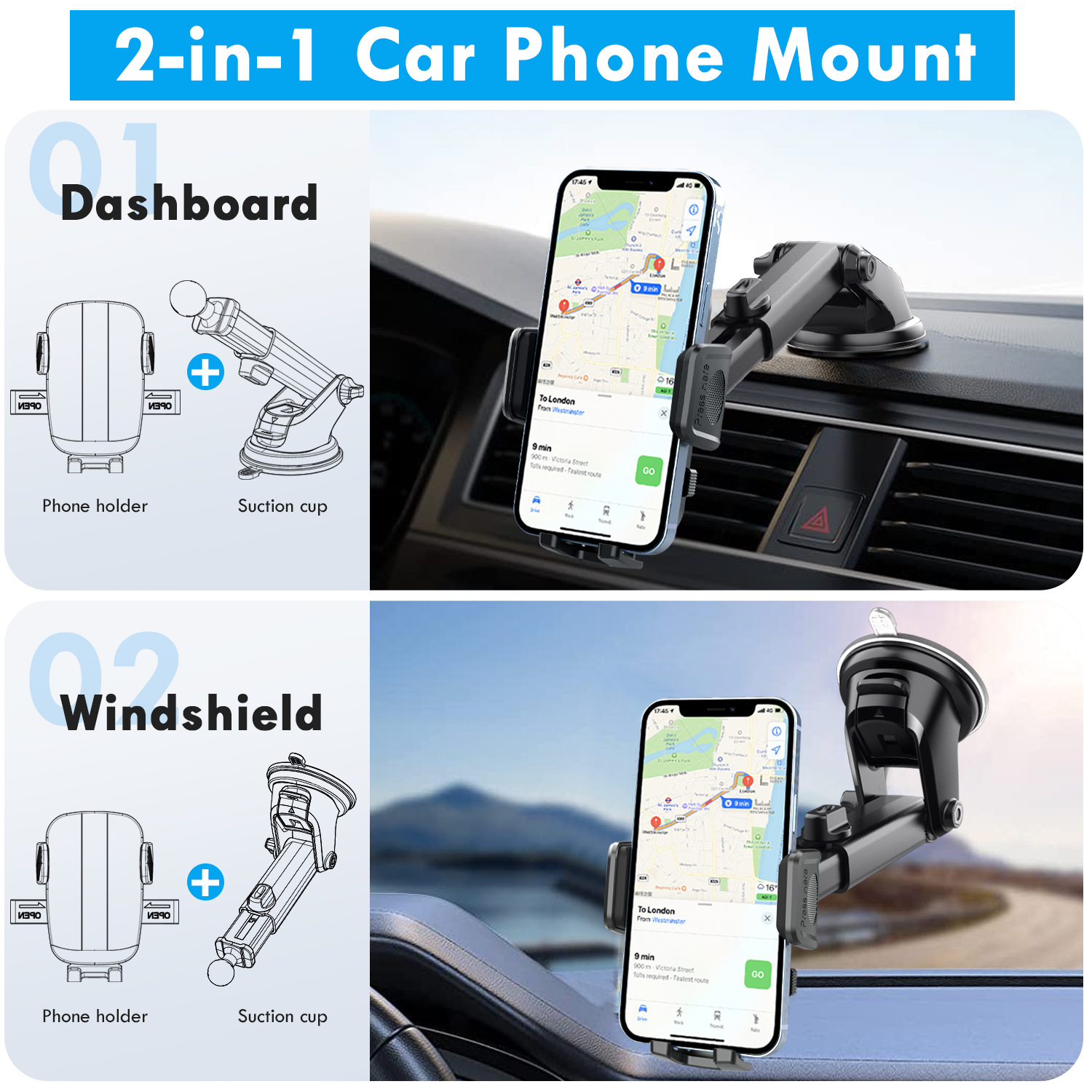 Car Phone Holder for Dashboard Windshield Suction Cup Type Retractable Navigation Car Center Console