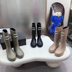 2025小香风长筒雨靴女夏季黑色圆头高筒骑士靴防滑水靴真皮长靴女