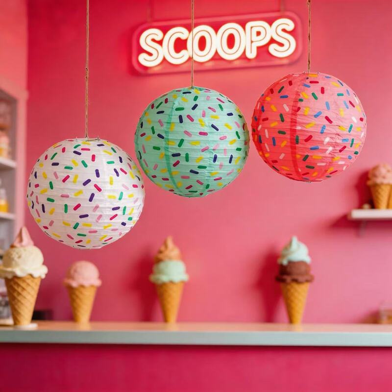 Colorful Round Handmade Lantern Hanging Ice Cream Lantern Children's Birthday Party Layout Decoration Foldable Paper
