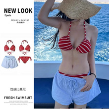 泳衣女条纹三件套比基尼性感辣妹小胸聚拢韩版ins纯欲风温泉泳装