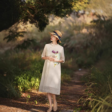 苎麻连衣裙女2025新款洋气减龄七分袖立领盘扣改良旗袍裙中长裙女