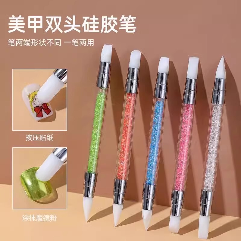 Nail Carving Pen Double-Ended Silicone Pen Magic Mirror Powder Smear Stick Sticker Press Flower Pen Tool Glitter Pen Nail Art Pen