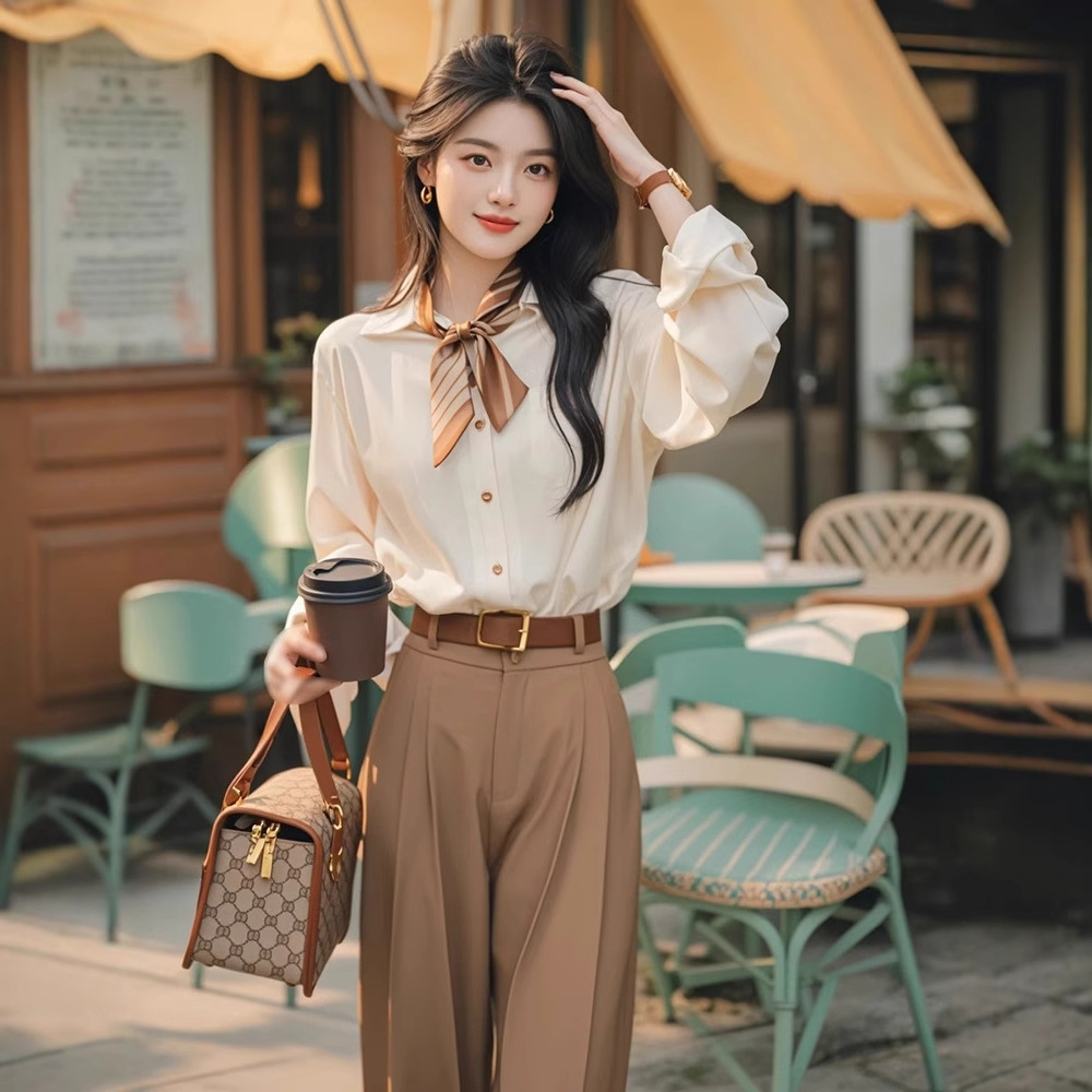 GraceChic 2025 Spring And Autumn Korean Version Ins Simple Apricot Long Sleeve Shirt Wide Leg Two-Piece Women's Professional Suit_voghion.com