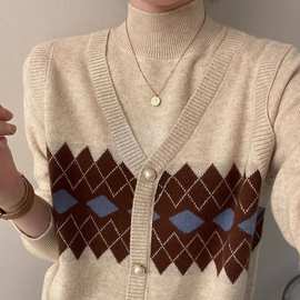 针织衫小众别致套头美假两件菱格打底半高领新款秋冬拉德针织上衣