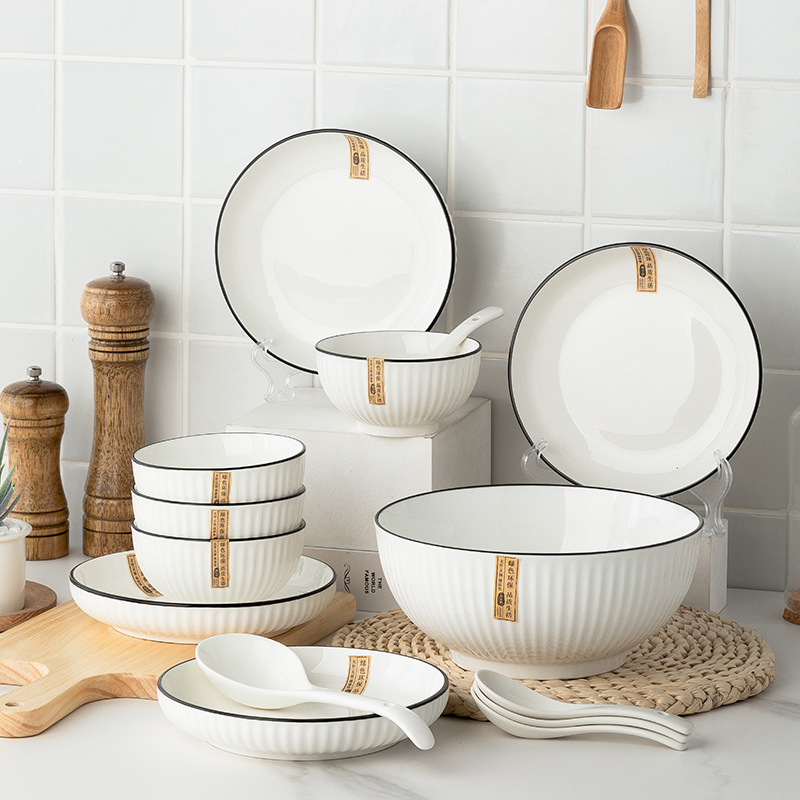 Bowl and Dish suit Household Yamada Vertical Pattern Ceramic Tableware Internet Popular Underglaze Color Bowl and Dish Plate suit Household Bowl and Chopsticks Gift