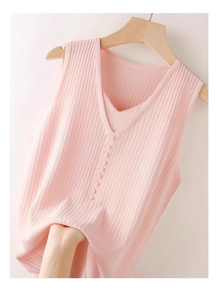 Áo hai dây dệt kim giả hai mảnh lụa băng nữ, mặc trong áo sơ mi hoặc blazer, không tay — Màu đen chi tiết 3