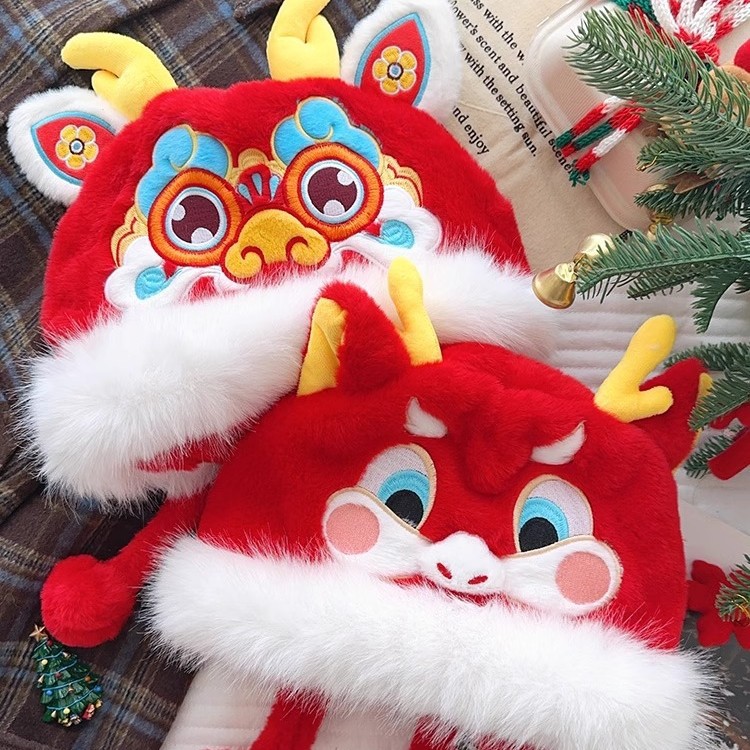 국가적 트렌드 스타일 드래곤 뿔 어린이  모자 중국 설날 귀여운 새해 축제 빨간색 플러시 사자 춤 모자 가을과 겨울