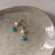 淡水珍珠 手作设计感小巧925银针镀14K耳钉女 合成绿松石耳饰耳环