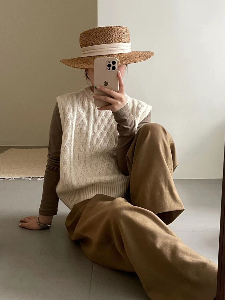 2023 primavera y otoño vintage Twist suéter sin mangas de las mujeres de estilo coreano flojo apilado Chaleco de punto exterior Chaleco de cuello redondo
