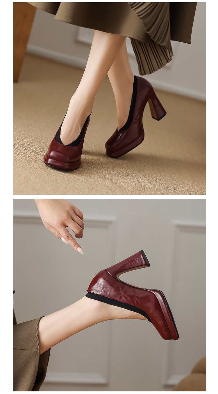 Giày cao gót nữ mũi nhọn chữ V da cừu, gót 9.8 cm, đi làm xuân thu — Màu nâu chi tiết 11