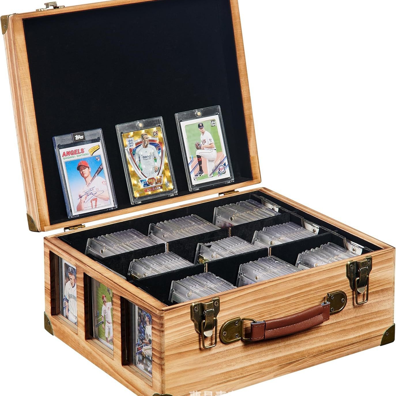 Cross-border wooden flip-top card storage box with display window, compartmented card collection storage portable wooden box