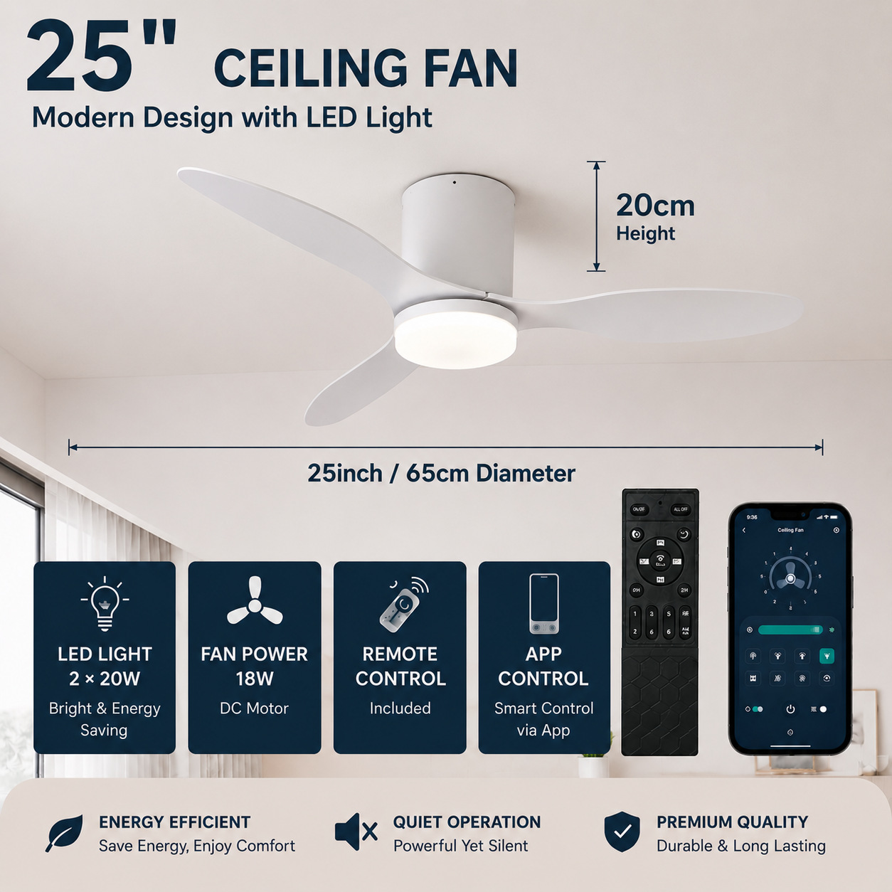 Lámpara Ventilador de Techo Inverter de Plástico ABS Silencioso con Control Remoto para Sala de Estar y Dormitorio