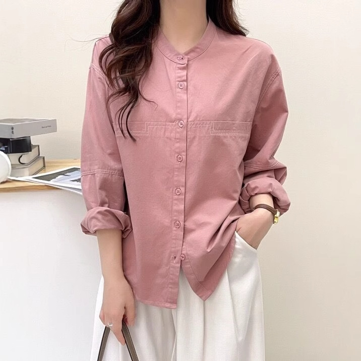 长袖衬衫 2025秋季新款 文艺宽松立领上衣女简约显瘦打底衬衣8163|undefined