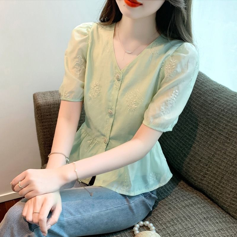 夏の卸売半袖シフォンシャツ レディース夏服 新作 ウエストシェイプお腹カバー トップス デザイン性|undefined