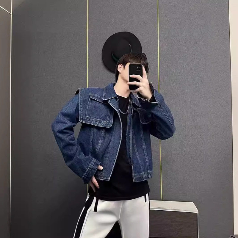 2024 Fall/Winter Denim Coat Men's Retro Shawl Pocket Design Sense High Short High-end Sense Chic Top Fashion