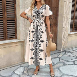 批发欧美女装2025夏季跨境新款亚马逊定位印花腰带短袖长款连衣裙