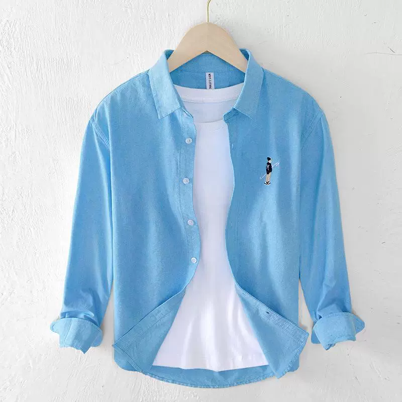 1275 Мужская оксфордская рубашка из хлопка с длинными рукавами и японской вышивкой, повседневная верхняя рубашка, пальто, цельная доставка