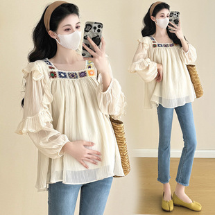 Pregnant Women's Fashion Korean Style Spring and Summer French Square Collar Tea Break Heavy Industry Fairy Chiffon Shirt Trendy Mom's Age-reducing Doll Shirt