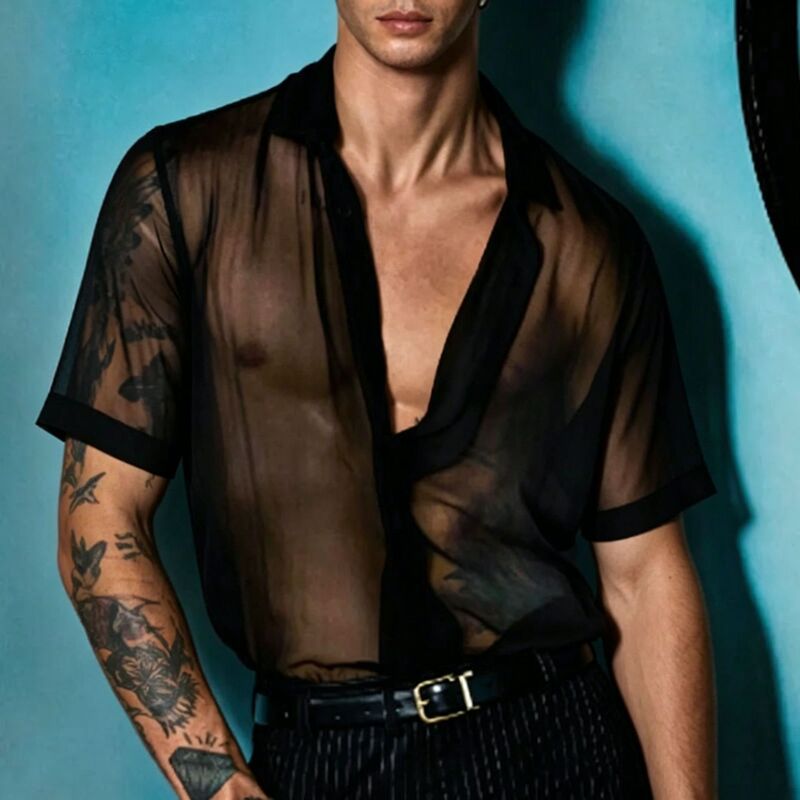 Cross-Border European and American Men's Collared Short-Sleeve Mesh See-Through Sexy Shirt, Thin and Breathable Nightclub Performance Top Wholesale Cross-Border European and American Men's Collared Short-Sleeve Mesh See-Through Sexy Shirt, Thin and Breathable Nightclub Performance Top Wholesale