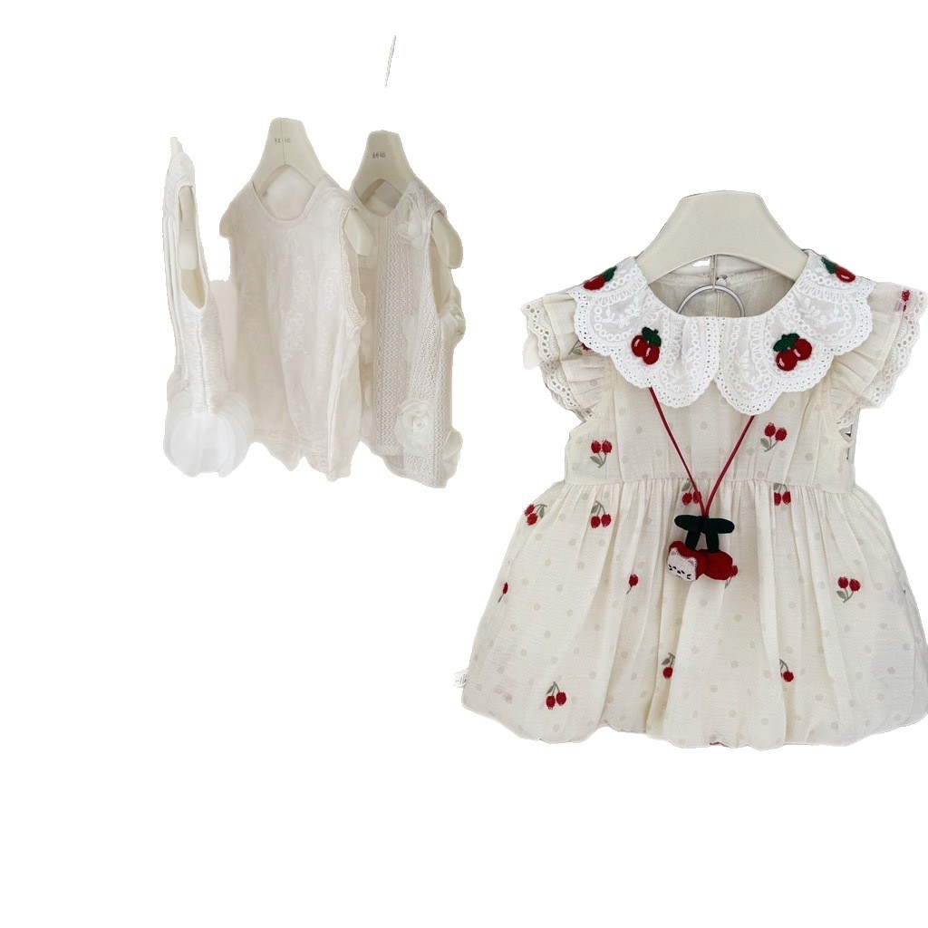 [Xianning Seven baby] Vestido de princesa dulce para niña de verano Vestido de cereza con cuello de muñeca de estilo occidental Vestido de chaleco lindo
