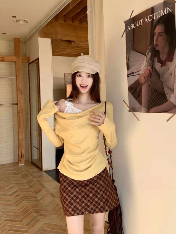 纯欲风露肩设计感长袖T恤女秋季2025新款收腰显瘦蕾丝拼接上衣ins|undefined