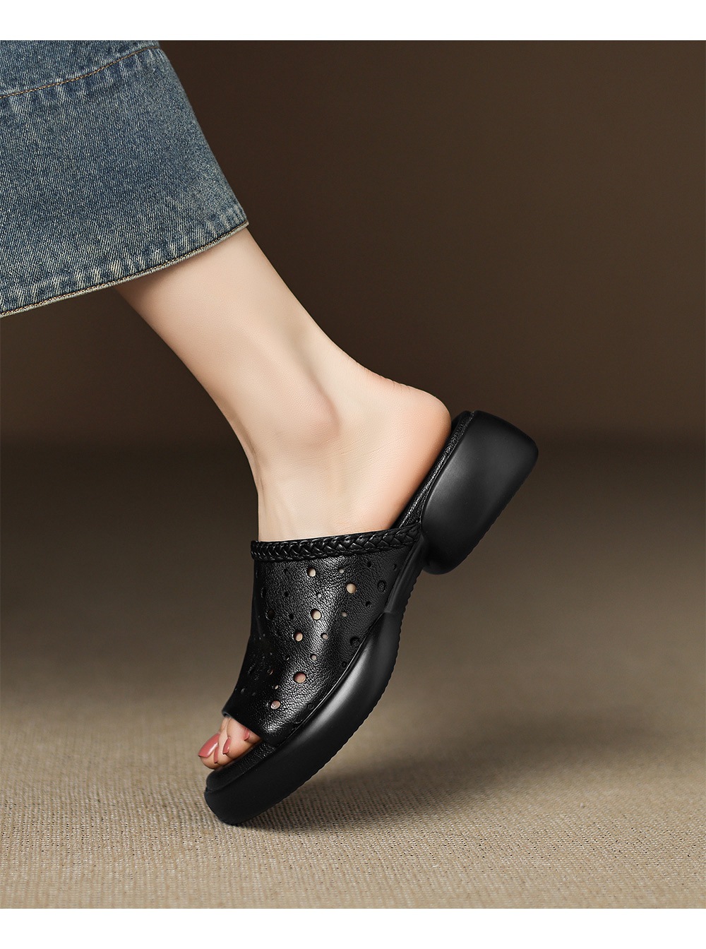 Dép sandal nữ quai chữ V đế dày da cừu mềm đi biển — đen chi tiết 13