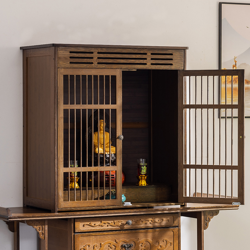 Home Desktop Buddhist Altar with Door, Offering Table, Incense Stand, Buddha Statue, Shrine, Buddha Cabinet, Shrine, Buddha Table, Bodhisattva Worship Cabinet
