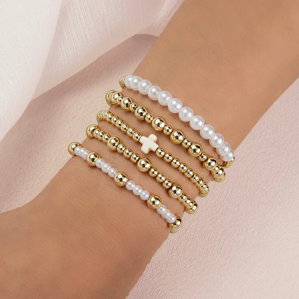 Fashionable and Unique Turquoise Cross Pearl Ccb Beaded Elastic Stacking Women's Bracelet 5-Piece Set