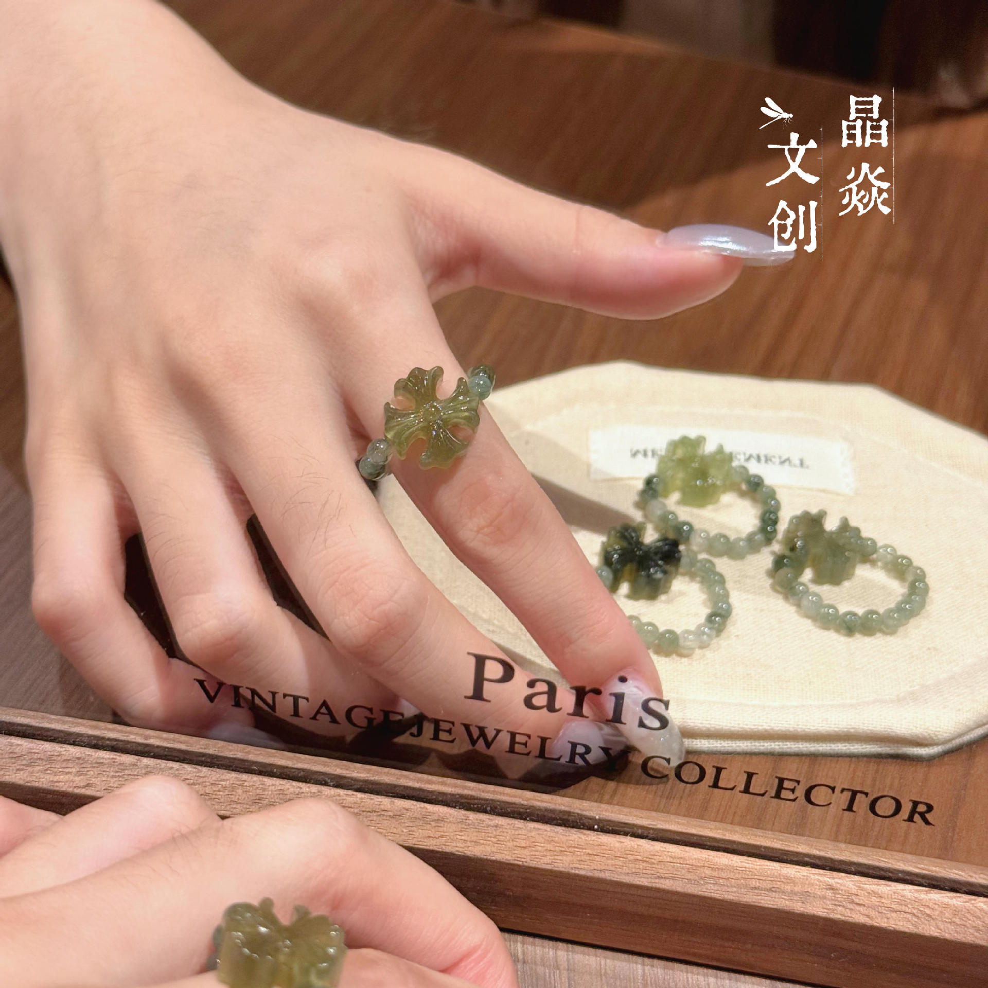 Original design natural crystal beaded green crystal heart carving wholesale fashion versatile ring