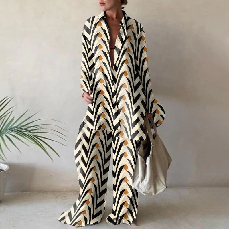 欧米の新型プリントスーツのゆったりした長袖vストレートズボンのワンピース旅行レジャー休暇の代理|undefined