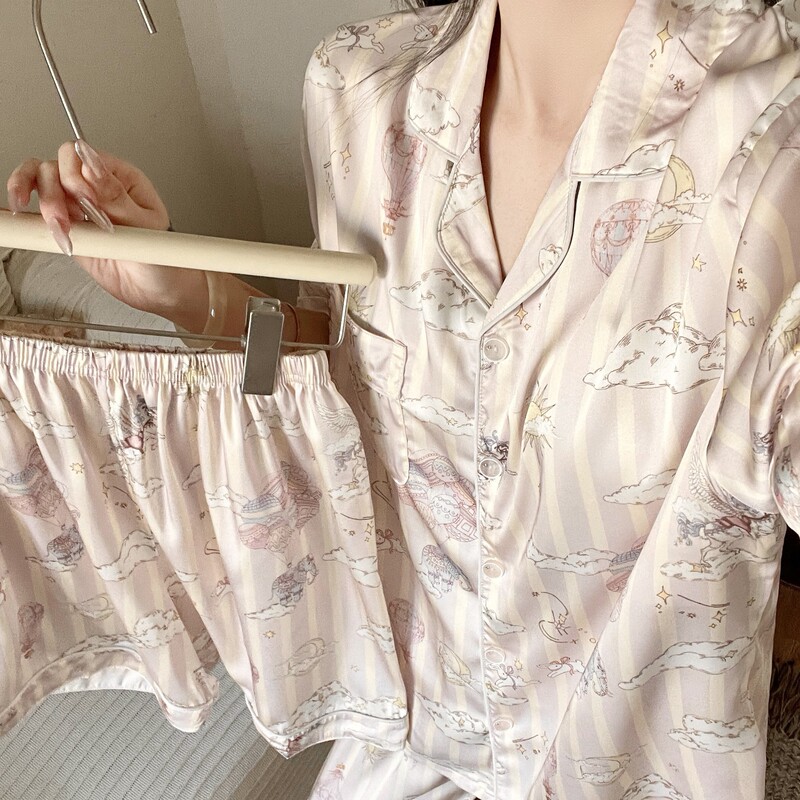 Cartoon Ice Silk Pajamas for Women Summer New Style Short-Sleeved Three-Piece Set with Chest Pads Ice Silk Home Clothes Set Wholesale