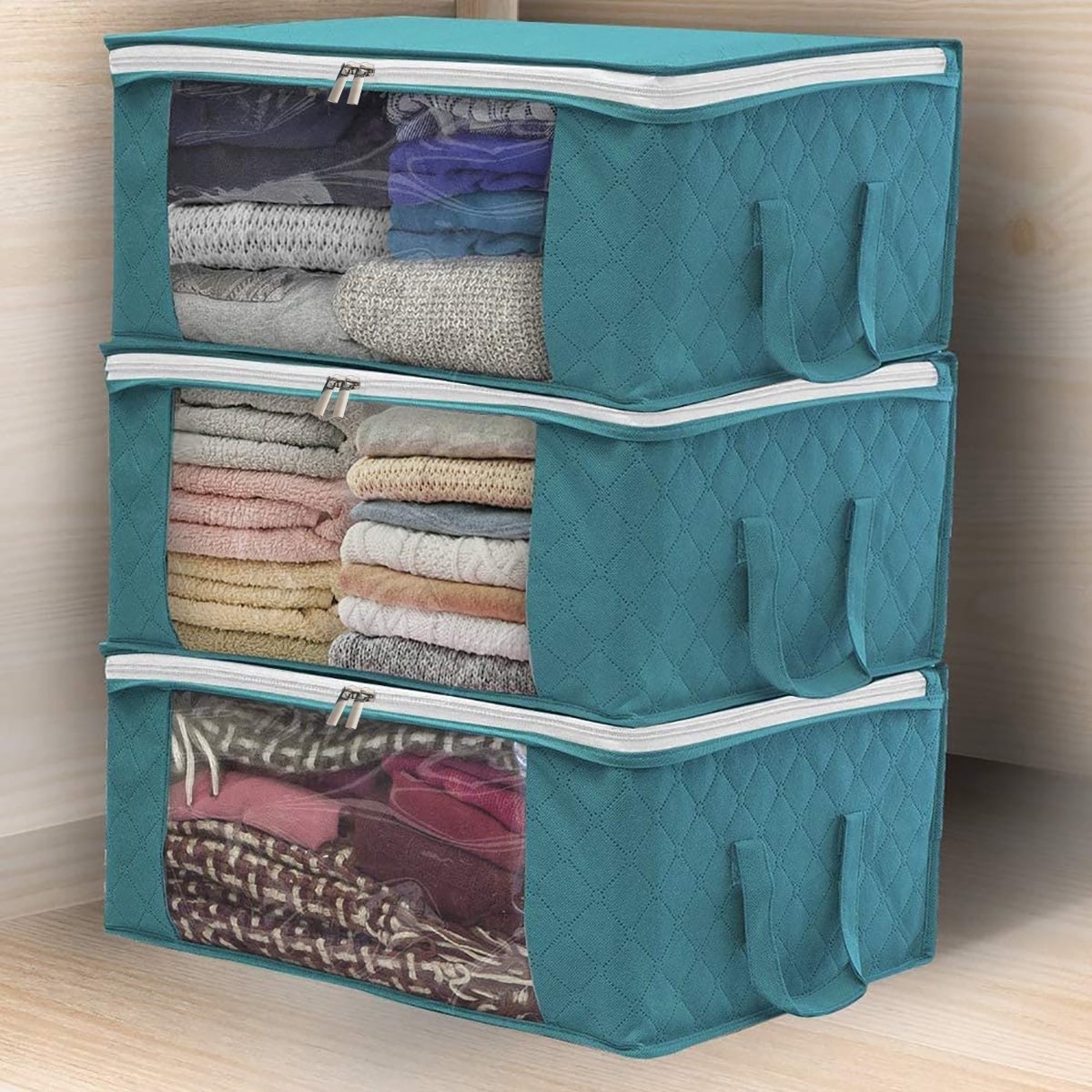 Description Picture 2 of itemClothing storage box organizer clothes Storage Bag Clear Window Zipper Non Woven Fabric Clothes Organizer Basket With Handles