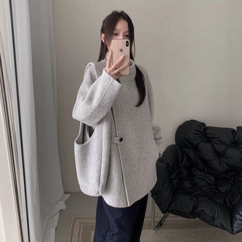 Autumn and Winter New Korean Style Stand-Up Tie Bag Woolen Outwear Mid-Length Thickeneded Loose Warm Double-Sided Cashmere Jacket
