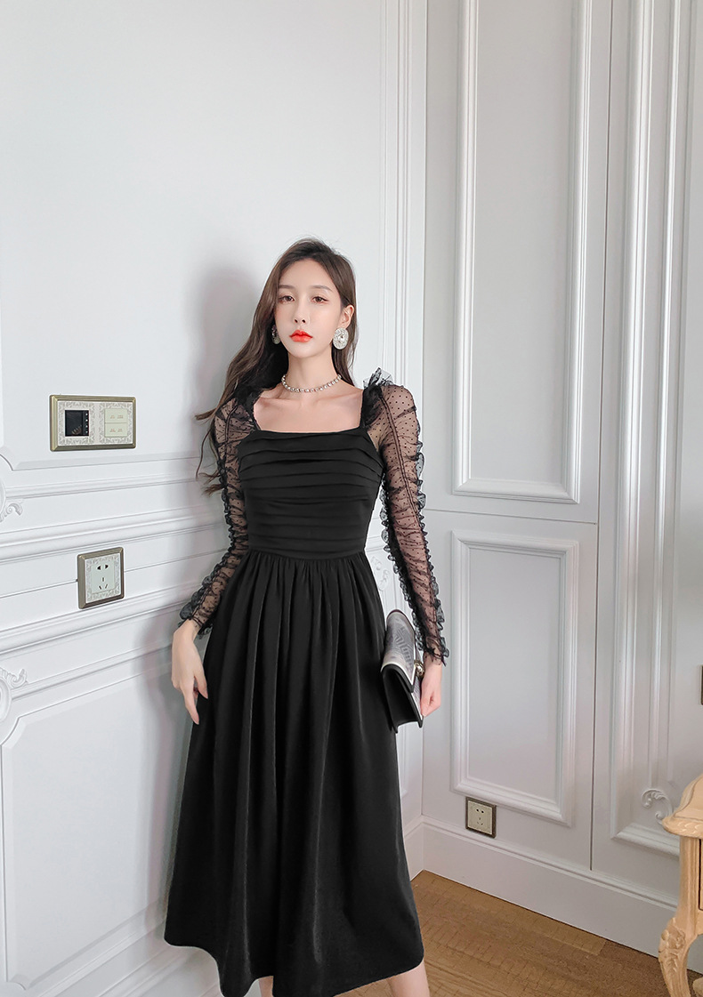 Váy đen ngắn kiểu Hepburn phối lưới tay bồng cổ vuông eo xếp ly — Màu đen chi tiết 9