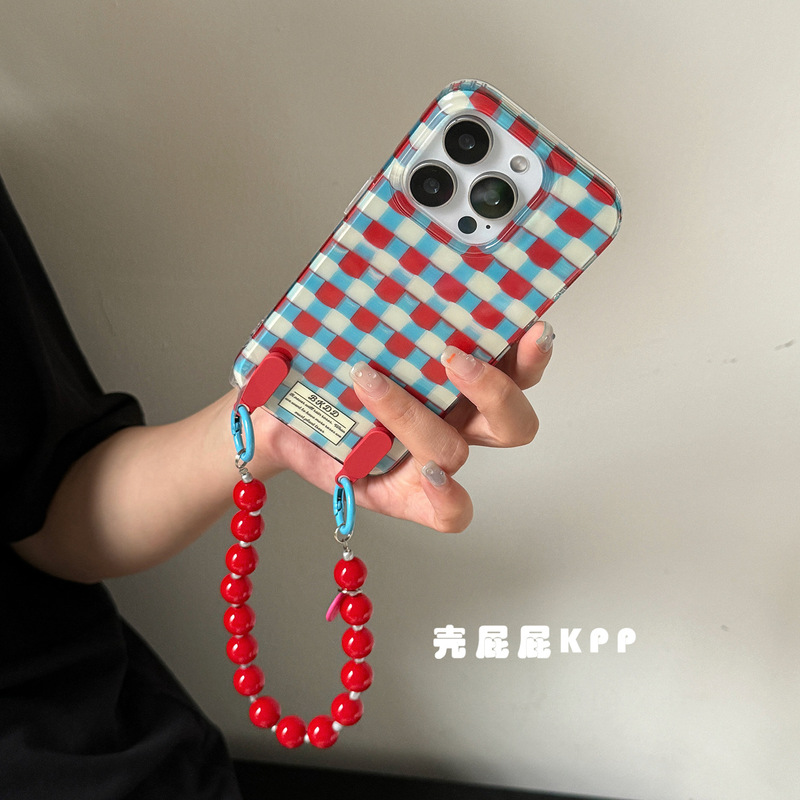复古蓝红格子撞色ins手提适用iPhone16pro max苹果15手机壳14女13|undefined