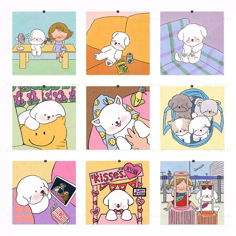 Lying Flat Puppy Life Fragments Poster - Unique Korean-Style Cartoon Healing Dog Desktop and Wall Decoration Art Print