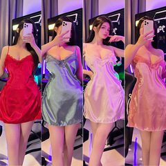 Sexy lingerie new product hanging shoulder straps slit nightgown backless temptation imitation silk large size home clothes 977