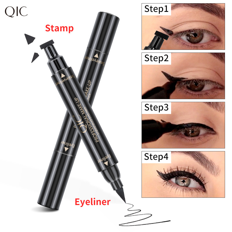 QIC two in one seal Eyeliner liquid pen quick drying non dizzy dyeing Waterproof Eyeliner double headed Eyeliner cross border beauty makeup