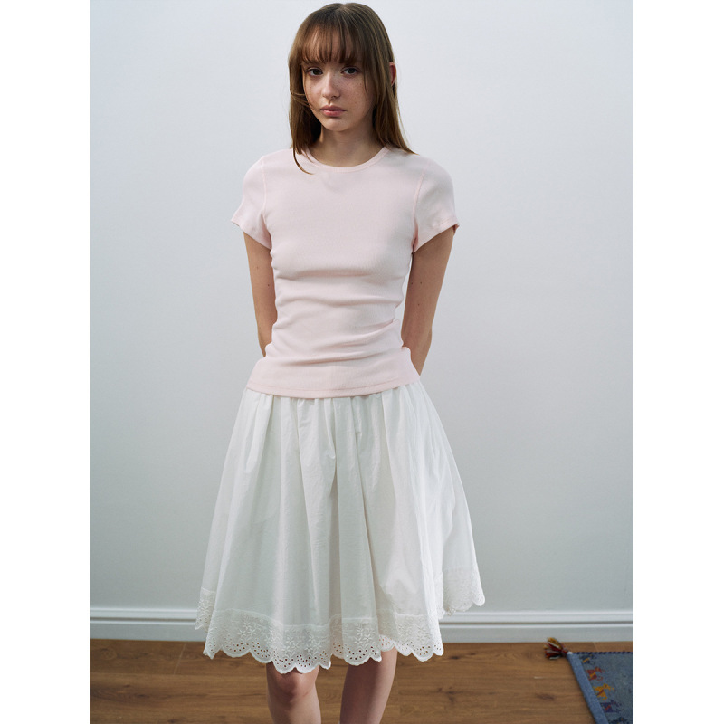 【Dai He】Spring New Casual Round-Neck High-Elastic Ribbed Solid Color Slim-Fit Short-Sleeve T-Shirt for Women H60074