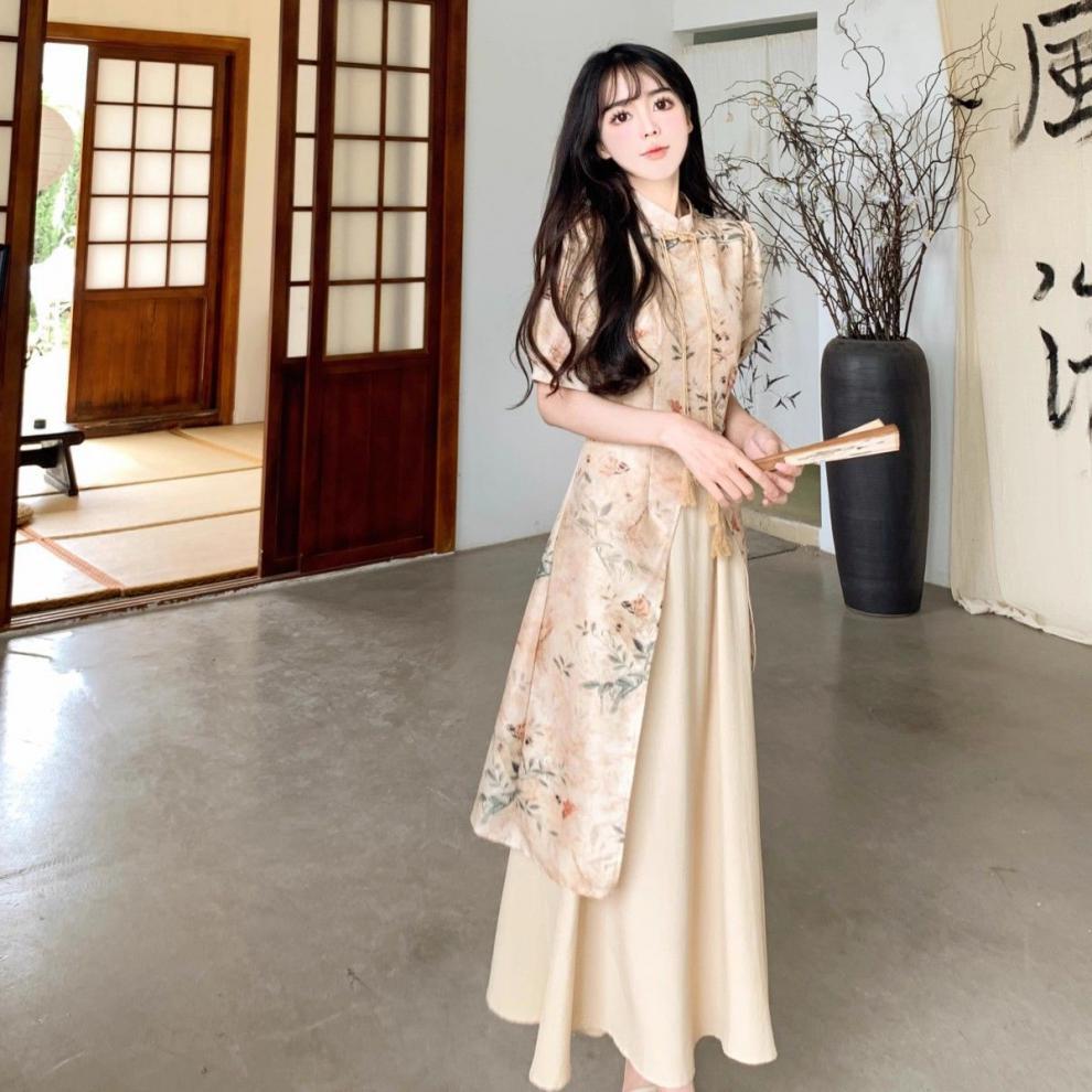 Vintage Chinese Style Dress National Printed Clothing Women Night