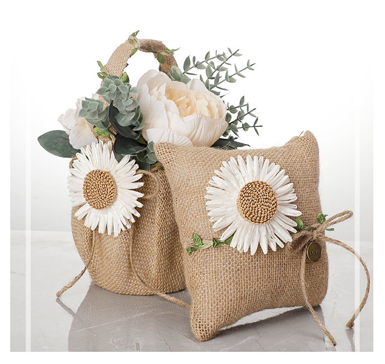 Western Wedding Set Simulated Sunflower Burlap Satin Ring Pillow Flower Basket display picture 3