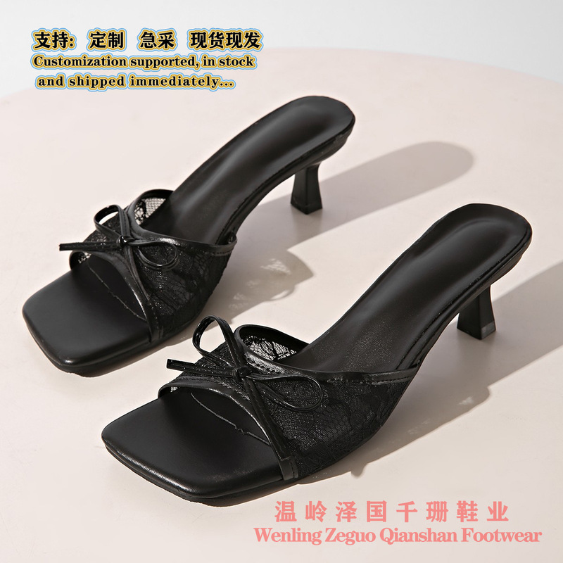 French-Style Exquisite Mesh Sandals for Women, Elegant Bowknot, Large Size Women's Shoes, Wide Square Toe, In-Stock Cross-Border High-Heeled Slippers