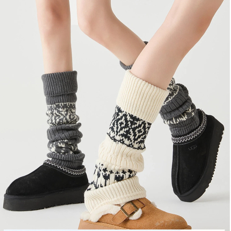 Autumn and Winter Retro Fair Isle Slouch Socks Warm with Snow Boots Leggings Cashmere Thickened Gray Calf Covers