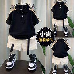 男の子の夏服のスーツの新型の洋気の赤ちゃんの夏のpolo襟の半袖の子供の服の子供のクールでかっこいい2つのセット