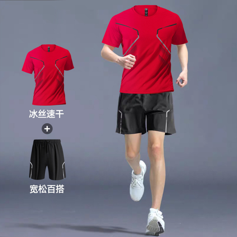 速乾性 Tシャツメンズスポーツスーツルーズアイスシルクランニングスーツカップル夏のアウトドアフィットネススーツ半袖スーツ|undefined